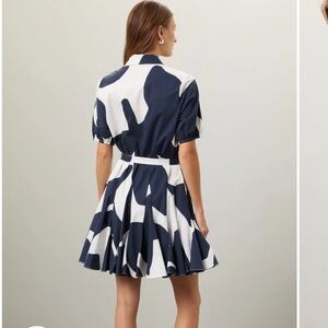 MILLY navy and white tie pleated dress puff sleeved mini bow 10 grand foliage